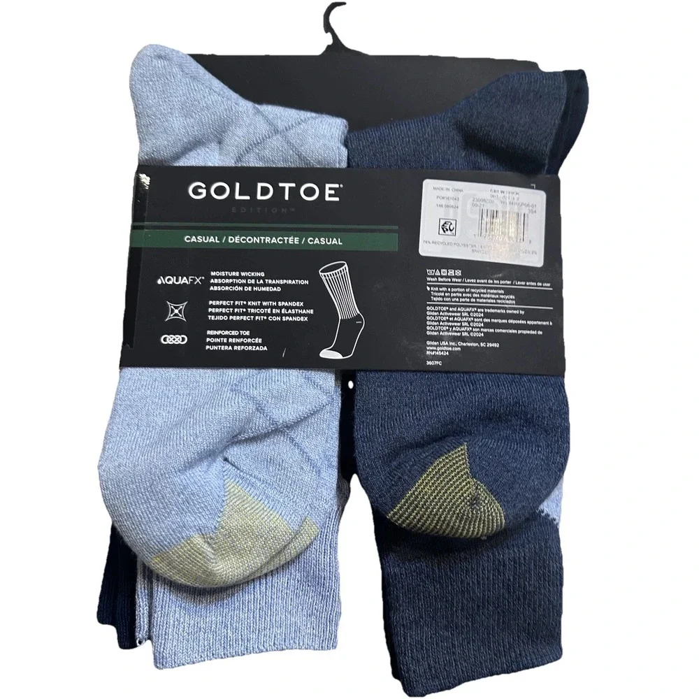 Gold Toe 12 Pair Mens Crew‎ Socks AquaFX Sz 6-12.5 Assorted Colors Casual Argyle